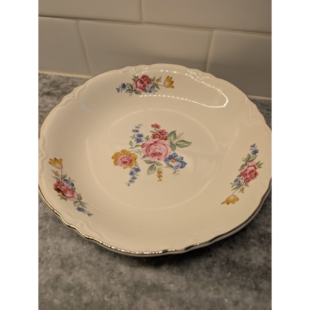 Scio Pottery 1940's Hazel Round Vegetable Serving Bowl Floral Gold Trim 8 1/2"